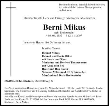Traueranzeige von Berni Mikus von Tageszeitung