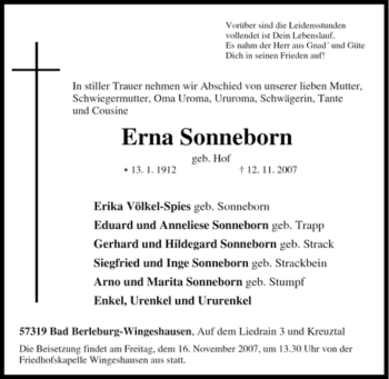 Traueranzeige von Erna Sonneborn von Tageszeitung