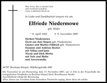 Traueranzeige von Elfriede Niedermowe von Tageszeitung