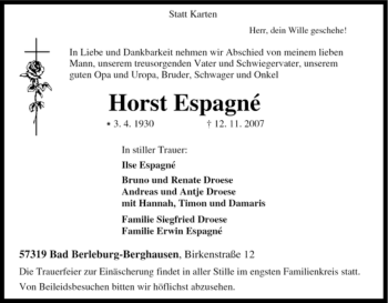 Traueranzeige von Horst Espagné von Tageszeitung