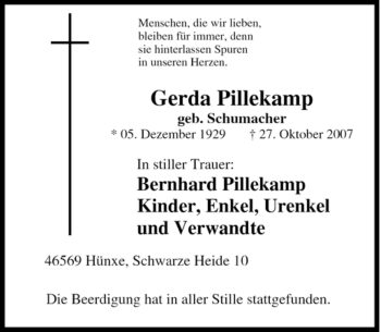 Traueranzeige von Gerda Pillekamp von Tageszeitung