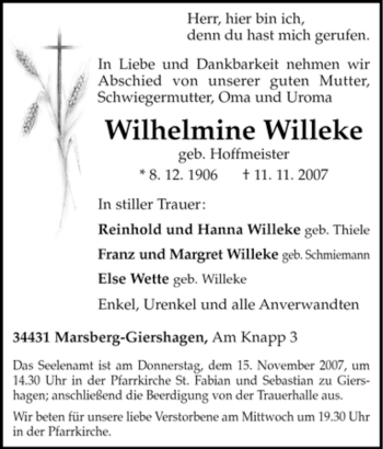 Traueranzeige von Wilhelmine Willeke von Tageszeitung
