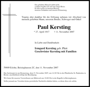 Traueranzeige von Paul Kersting von Tageszeitung