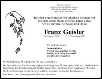 Traueranzeige von Franz Geisler von Tageszeitung