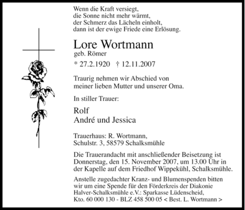  Traueranzeige für Lore Wortmann vom 13.11.2007 aus Tageszeitung