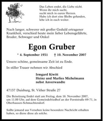 Traueranzeige von Egon Gruber von Tageszeitung