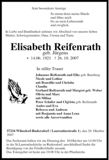 Traueranzeige von Elisabeth Reifenrath von Tageszeitung