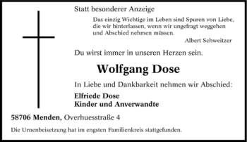 Traueranzeige von Wolfgang Dose von Tageszeitung