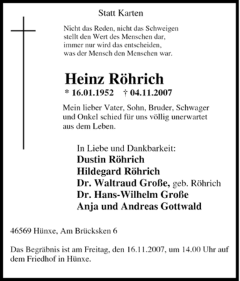 Traueranzeige von Heinz Röhrich von Tageszeitung