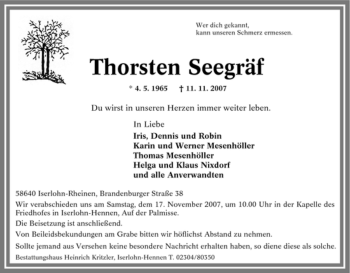 Traueranzeige von Thorsten Seegräf von Tageszeitung
