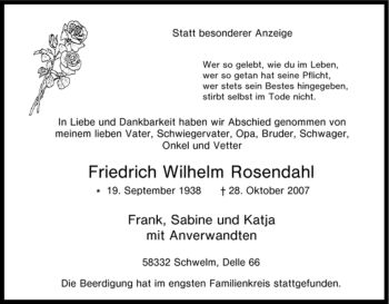 Traueranzeige von Friedrich Wilhelm Rosendahl von Tageszeitung