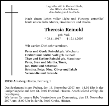 Traueranzeige von Theresia Reinold von Tageszeitung