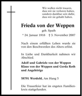 Traueranzeige von Frieda von der Weppen von Tageszeitung