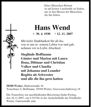 Traueranzeige von Hans Wend von Tageszeitung