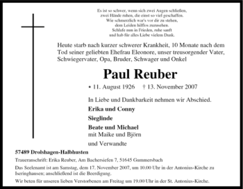 Traueranzeige von Paul Reuber von Tageszeitung