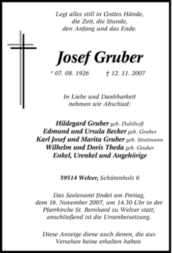 Traueranzeige von Josef Gruber von Tageszeitung