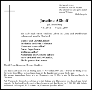 Traueranzeige von Josefine Aßhoff von Tageszeitung