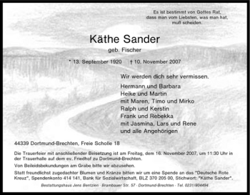 Traueranzeige von Käthe Sander von Tageszeitung