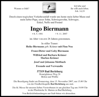 Traueranzeige von Ingo Biermann von Tageszeitung