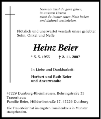 Traueranzeige von Heinz Beier von Tageszeitung