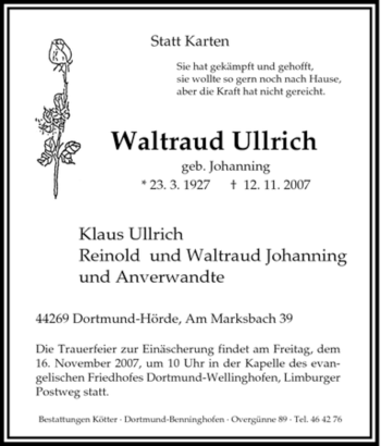Traueranzeige von Waltraud Ullrich von Tageszeitung