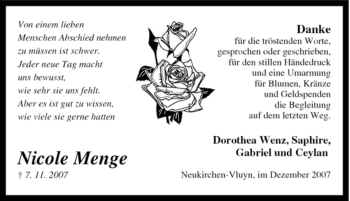 Traueranzeige von Nicole Menge von Tageszeitung