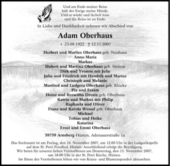 Traueranzeige von Adam Oberhaus von Tageszeitung