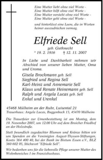 Traueranzeige von Elfriede Sell von Tageszeitung