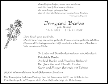 Traueranzeige von Irmgard Barbe von Tageszeitung
