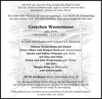 Traueranzeige von Gretchen Westermann von Tageszeitung