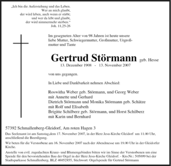 Traueranzeige von Gertrud Störmann von Tageszeitung