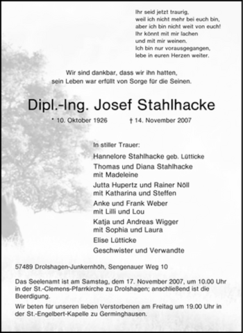 Traueranzeige von Josef Stahlhacke von Tageszeitung