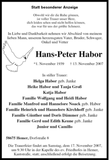 Traueranzeige von Hans-Peter Habor von Tageszeitung