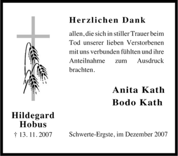 Traueranzeige von Hildegard Hobus von Tageszeitung