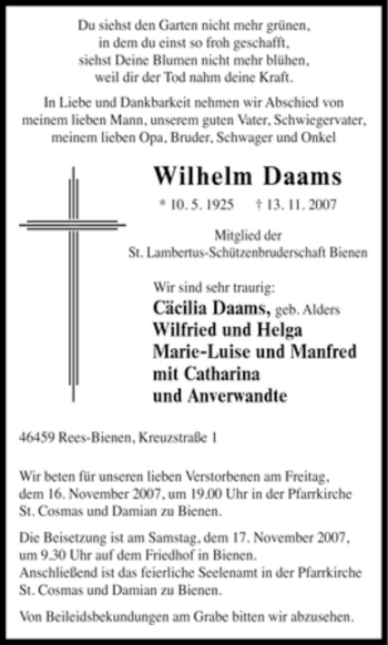 Traueranzeige von Wilhelm Daams von Tageszeitung