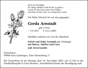 Traueranzeige von Gerda Arnstadt von Tageszeitung