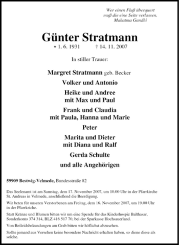 Traueranzeige von Günter Stratmann von Tageszeitung