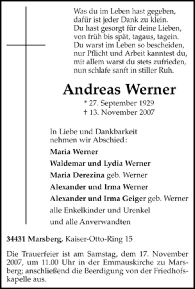 Traueranzeigen Von Andreas Werner | Trauer-in-NRW.de