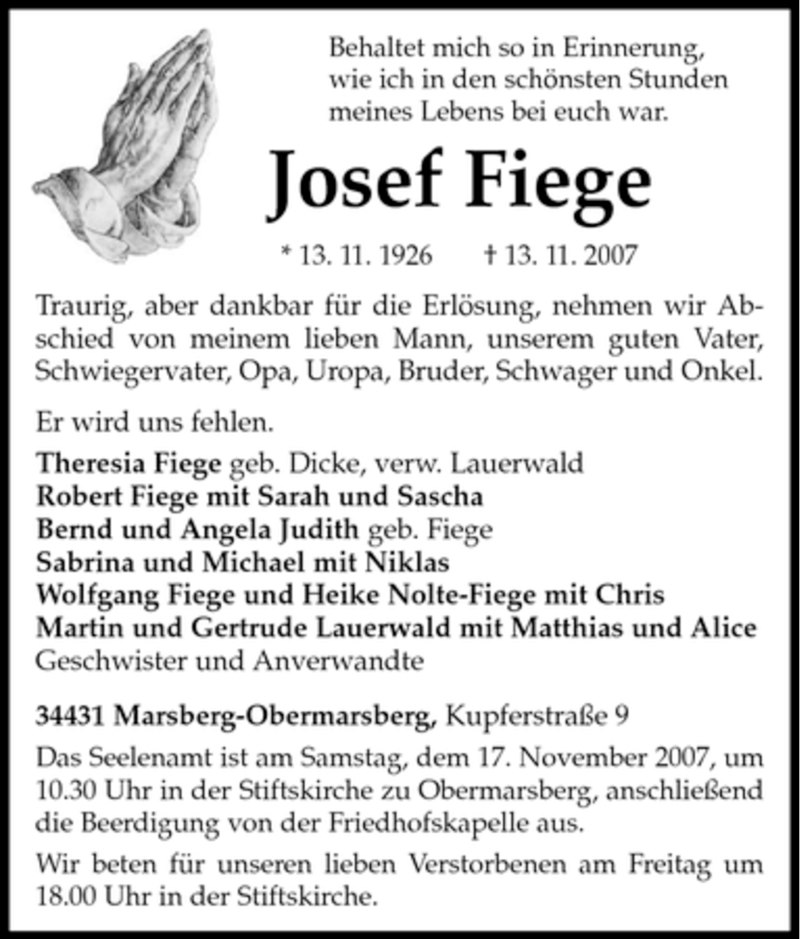  Traueranzeige für Josef Fiege vom 15.11.2007 aus Tageszeitung