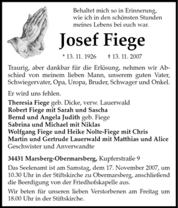 Traueranzeige von Josef Fiege von Tageszeitung