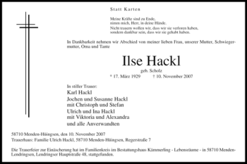 Traueranzeige von Ilse Hackl von Tageszeitung