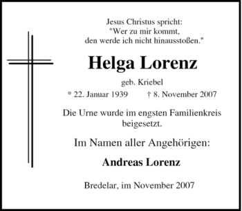 Traueranzeige von Helga Lorenz von Tageszeitung