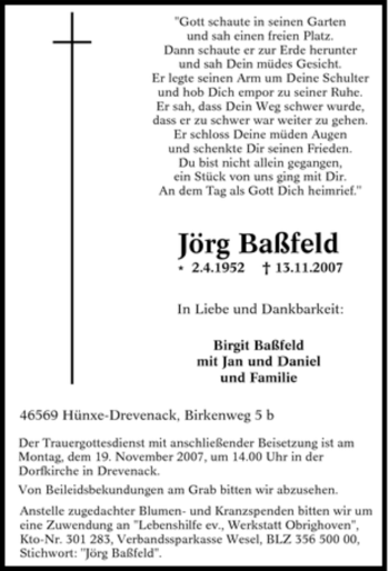 Traueranzeige von Jörg Baßfeld von Tageszeitung