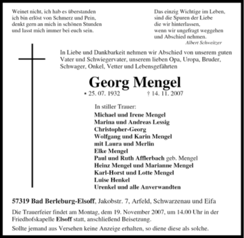 Traueranzeige von Georg Mengel von Tageszeitung