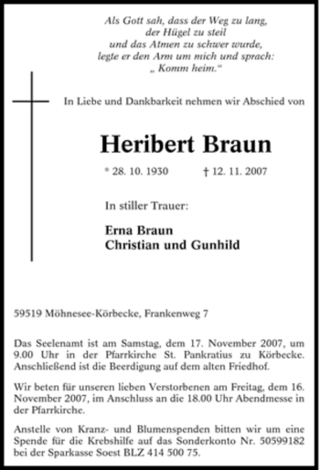 Traueranzeige von Heribert Braun von Tageszeitung