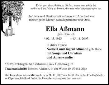 Traueranzeige von Ella Aßmann von Tageszeitung