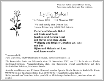 Traueranzeige von Lydia Bekel von Tageszeitung