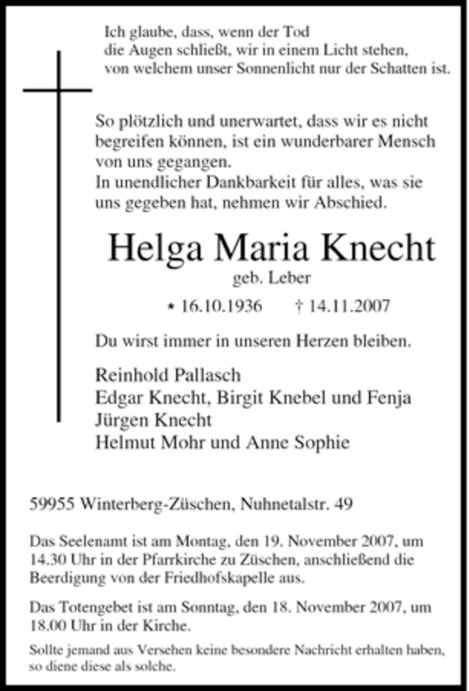  Traueranzeige für Helga Maria Knecht vom 16.11.2007 aus Tageszeitung