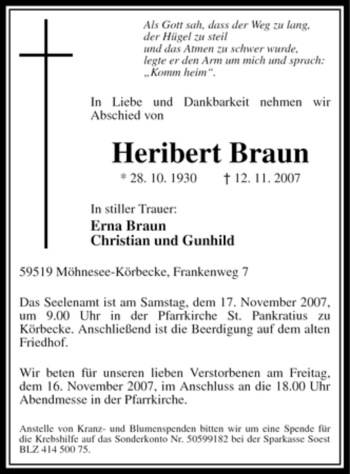 Traueranzeige von Heribert Braun von Tageszeitung