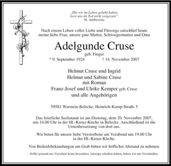 Traueranzeige von Adelgunde Cruse von Tageszeitung